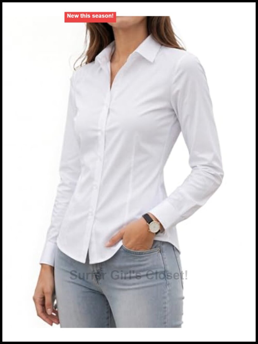 Women's White Button Down Shirt Long Sleeve Office Blouse